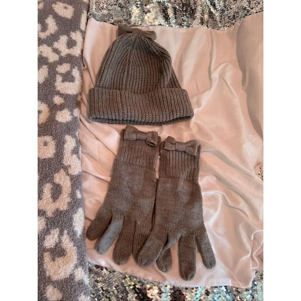 Kate Spade Gray Knit Dorothy Bow Beanie Hat & Gloves - Bow Fancy Warm GUC